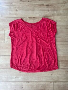 Eileen Fisher Fuchsia 100% Linen Short Sleeve Ribbed Back High Low Top XS